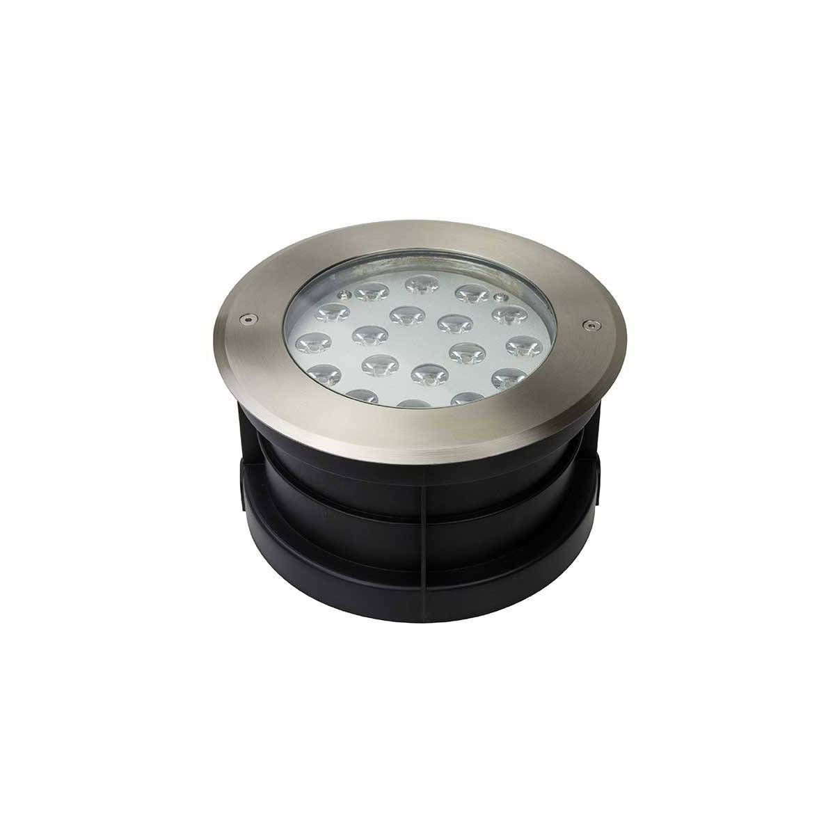 VLOERINBOUWSPOT IP67 18W ROESTVRIJ STAAL AFWERKING. 12V-DC, HOEK 30º WARM WIT