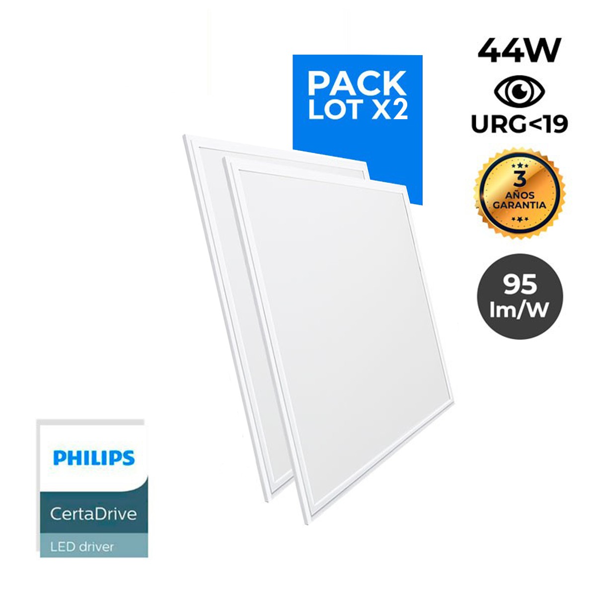 Set van 2 LED slim panelen 600x600x15mm 44W UGR19 Philips Driver