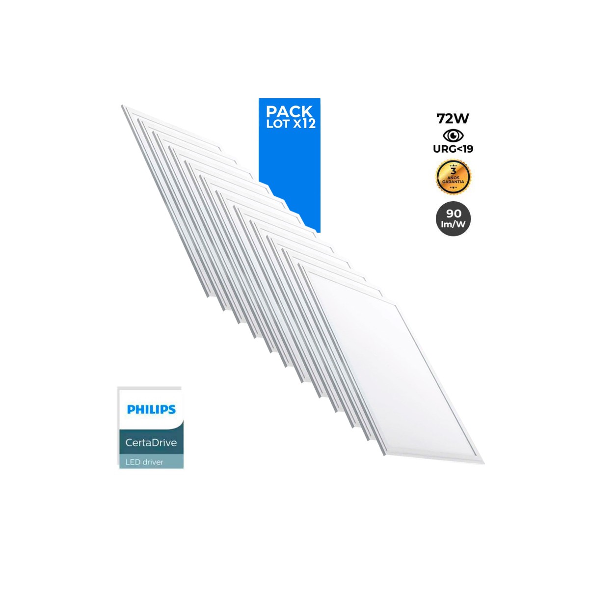 12er-Pack LED-Einbaupanelen slim 120x60 cm - PHILIPS Treiber - 72W - UGR19