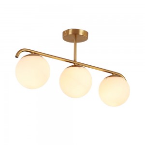 Drievoudige gouden plafondlamp "TALÍ"- Flos IC inspiratie - 3xE27- Goudkleurig chroom - Bol in opaline kristalØ15cm