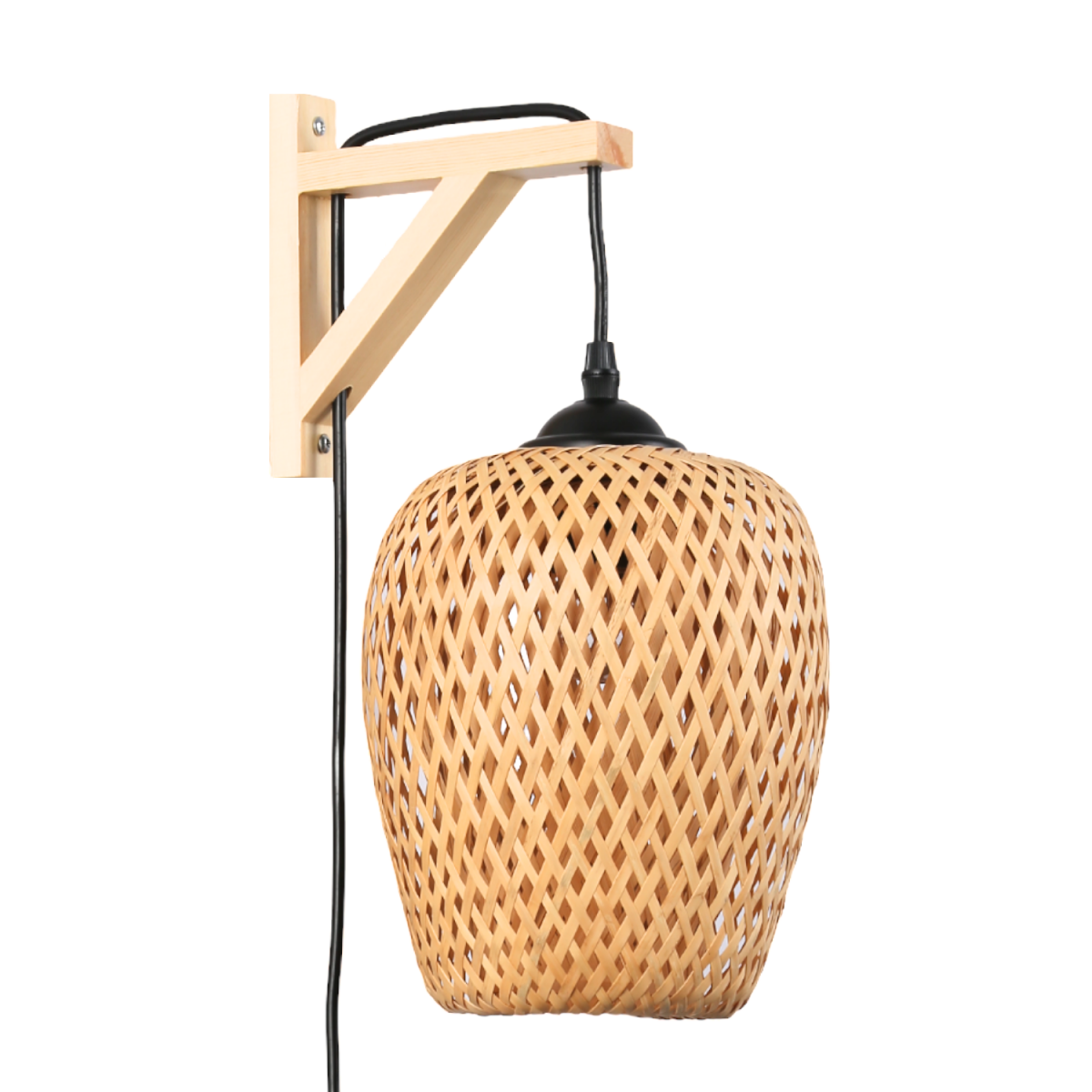 Houten wandlamp, rieten kap en snoer met schakelaar en stekker "Alan".