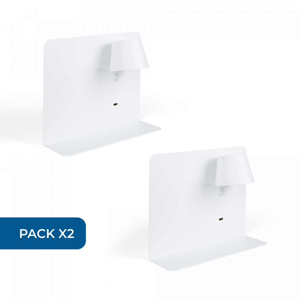 Set x 2 - Wandleeslamp met USB-poort "BASKOP" - 6W - Horizontaal ontwerp - Wit