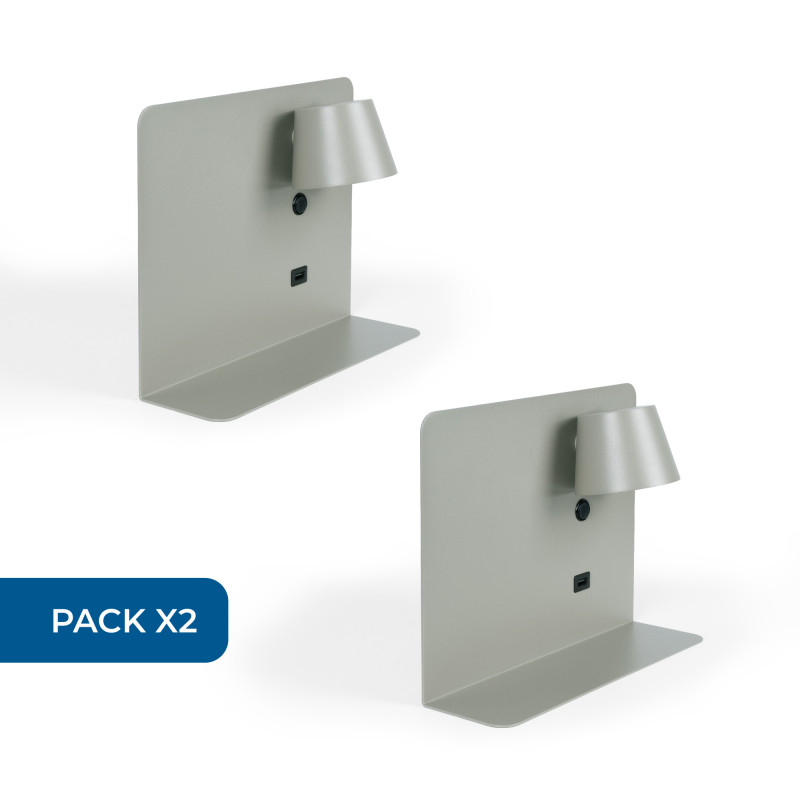 Set x 2 - Wandleeslamp met USB-poort "BASKOP" - 6W - Horizontaal ontwerp - Grijs