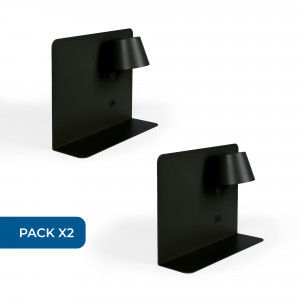 Set x 2 - Wandleeslamp met USB-poort "BASKOP" - 6W - Horizontaal ontwerp - Zwart