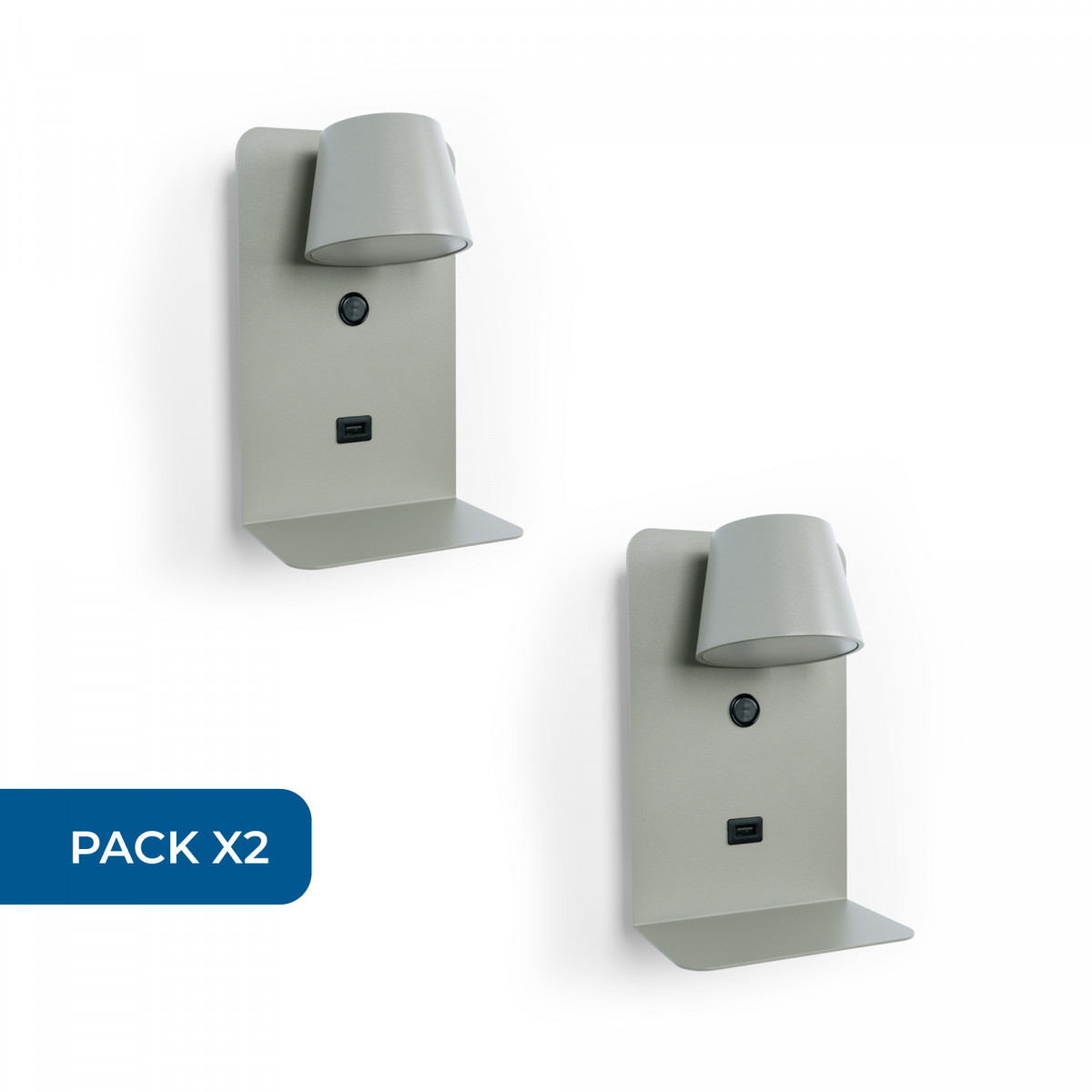 Set x 2 - Wandleeslamp met USB-poort "BASKOP" - 6W - Rechtopstaand ontwerp - Grijs