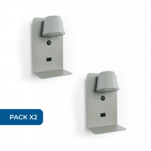 Set x 2 - Wandleeslamp met USB-poort "BASKOP" - 6W - Rechtopstaand ontwerp - Grijs