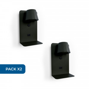 Set x 2 - Wandleeslamp met USB-poort "BASKOP" - 6W - Verticaal ontwerp - Zwart