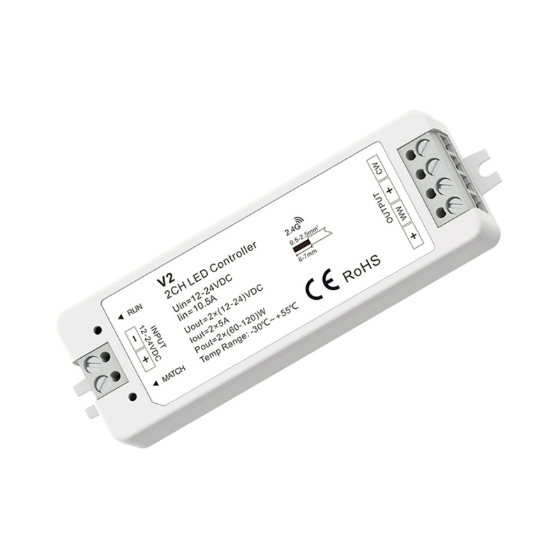 DUAL COLOR Regelaar 12-48V DC - 25A (5A/kanaal) - RF 2.4G - PUSH dimmer - Skydance