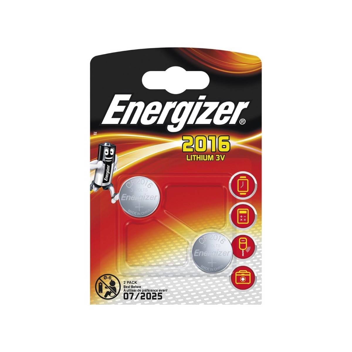 Energizer CR2016 Lithiumbatterij, blisterverpakking van 2 stuks.