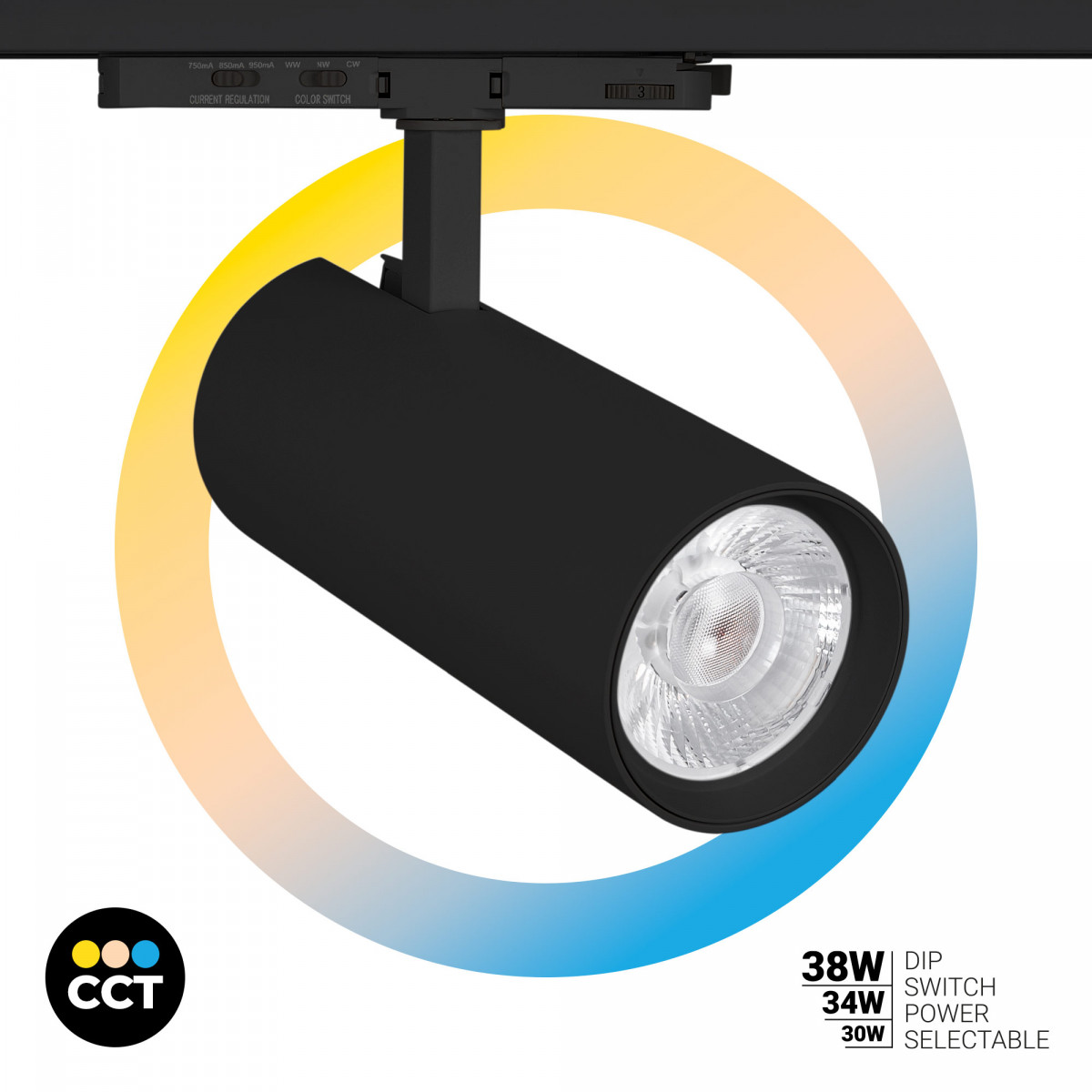 LED 3-fase Railspot - Instelbaar vermogen: 30W/ 34W/ 38W - CCT - CRI 90