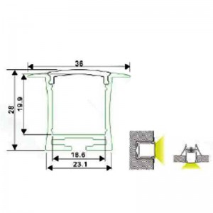 Perfil empotrado tira LED para pared y techo 36x28mm (2mt.)