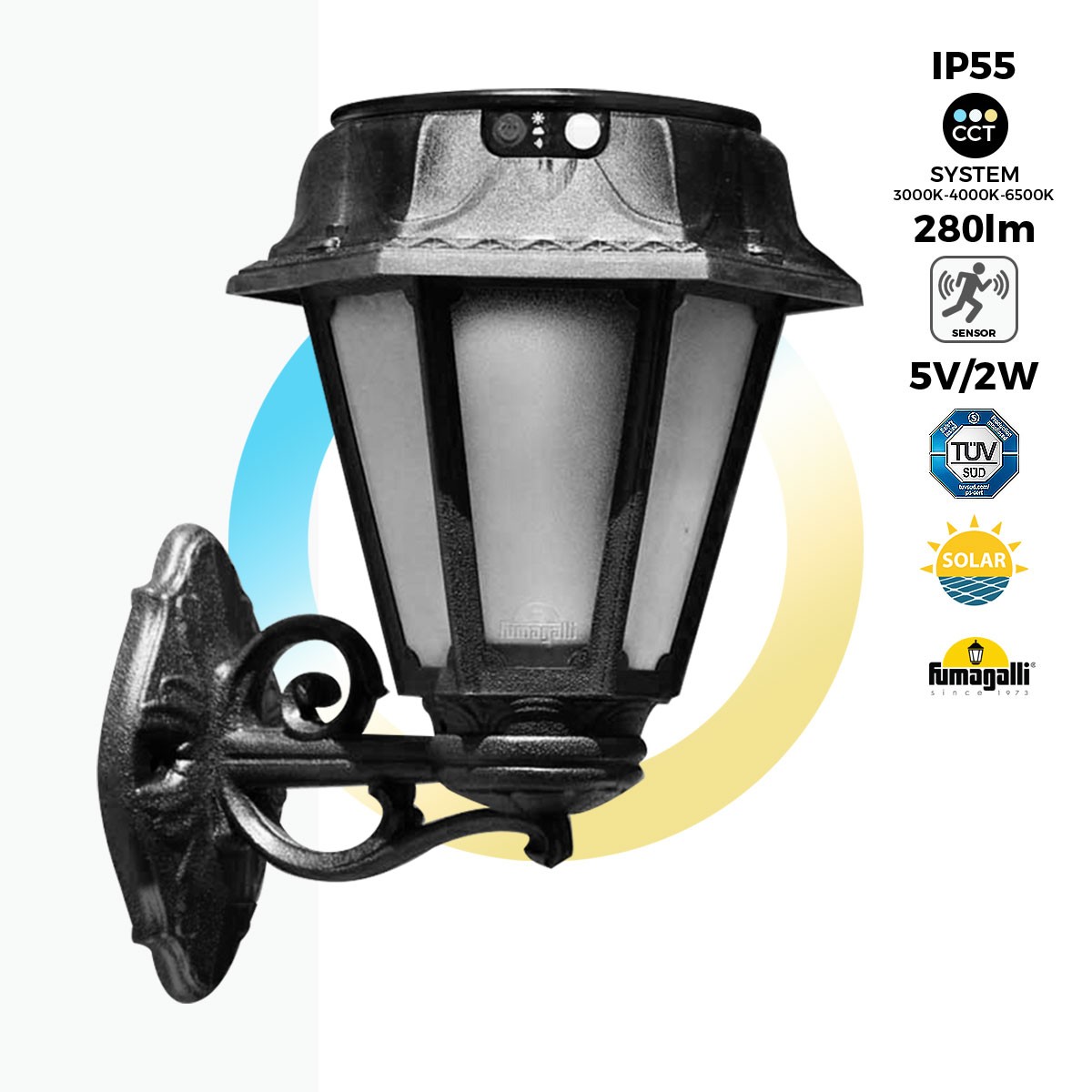 Farola solar de jardín para pared "BISSO/ROSSETTA" con sensor PIR - 3 modos de funcionamiento - CCT