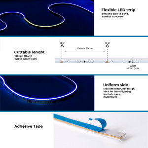 Tira LED inteligente RGB COB 24V DC - Emisión lateral - 12W/m - 10mm - IP20 - Rollo de 5 metros