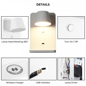 Aplique de parede com porta USB "BASKOP W" - 6W - Base de carregamento sem fios